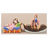 Two Antique Hand-Painted Porcelain Figural Inkwell