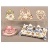 Five Antique Porcelain/Pottery Hand-Painted Inkwel