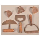 Three Antique Metal Food Coppers and Dough Scraper