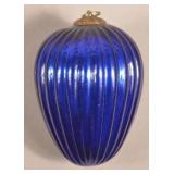 Antique German Cobalt Glass Ribbed Egg Form Kugel.