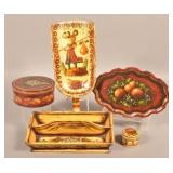 5 Pieces of Signed Peter Ompir Painted Woodenwares