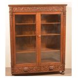 Antique American Quarter Sawn Oak Carved Bookcase.