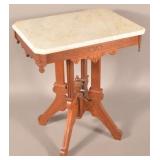 Eastlake Victorian Walnut Marble Top Parlor Stand.