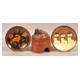 Foltz Redware Frog House and Two Plates.