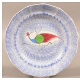 Blue Spatter China Peafowl Pattern Paneled Plate.