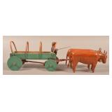 Vintage Folk Art Carved Wood Oxen Team and Wagon.