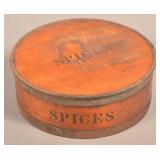 Antique Metal Band Bentwood Stenciled Spice Box.