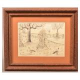 Vintage Autumn Scene Watercolor Drawing on Paper.