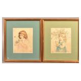 Two Vintage Watercolor Paintings of Young Girls.