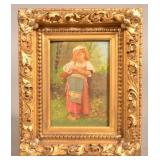 Small Oil on Board Painting of a Girl Peeling an O