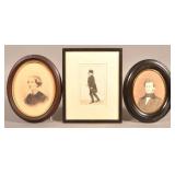 Two Antique Watercolor Portraits and a Print.