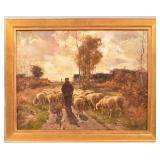 Antique European Oil on Canvas Sheep Painting.
