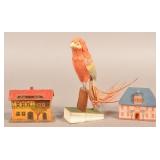 Antique Parrot Squeak Toy and Two Putz Buildings.