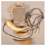 Three Antique Powder Horns and a Tin Canteen.