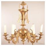 Art Nouveau Gilt and Cast Brass Six Arm Chandelier