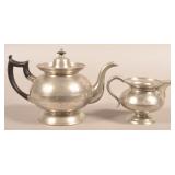 American Pewter Teapot Signed "TD & SB" & Creamer.