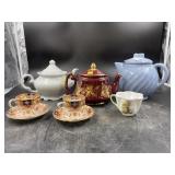Tray Lot with 3 Teapots, 2 Cups/Saucers