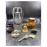 Tray with Redware Pitcher, Lantern, Ruby