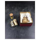 Miniature Porcelain Doll & 3 Lead Canisters.