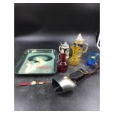 Tray with Vintage Cow Bell, Steins, Crackle Glass,