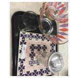 Tray Lot of Mixing Glasses, Chip Bowl and Plate