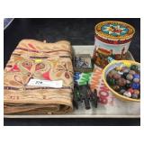 Tray Lot of Textiles, Marbles and Tin
