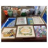Half Table of Embroidered & Framed Items, Etc.