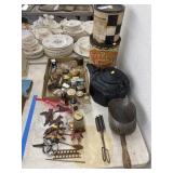 Tea Kettle, Tins and Vintage Curling Iron & Scoop