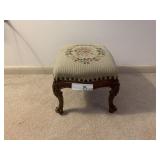 Ornately Carved Wooden and Upholstered Stool