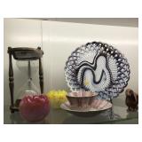 Lot: Purple Dish, Hourglass, Cup/Saucer