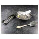 Sterling Silver Bowl and Spoon, Silverplate Tongs