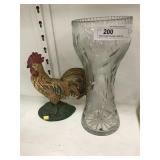 Metal Rooster Doorstop & Glass Vase