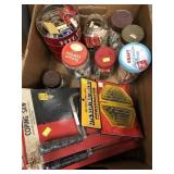 Box Lots of Advertising, Coping Saws and Drill