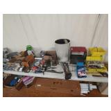 Table Lot: Hacksaws, Large Metal Can, Hardware,