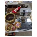 Table Lot- Tin, Mirror, Santa, Wooden Box, Safe,