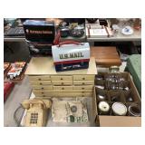 Table Lot: Stool, Phone, Canning, Jewelry Chest,