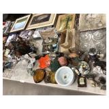 Table Lot- Glass Dome, Collector Plates, Etc.