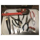Tray of Pliers and Pipe Wrench