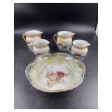 German Vegetable Dish & (4) China Creamers