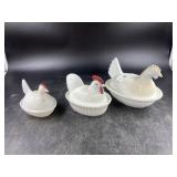 3 Milk Glass Hen on Nests