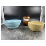 (2) Stoneware Mixing Bowls & Vintage Redware
