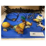 Tray: (3) Tin Litho Roosters, Bolo Ties, etc.