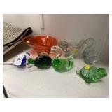Animal Figural Paperweights and Art Glass Bowl