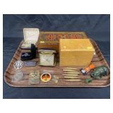 Tray: Elgin Travel Clock, Bureau Boxes,