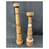 2 Primitive Turned Wood Candle Holders