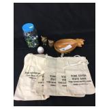 Tray: Marbles, Bank Bags, Wood Bowl, etc.