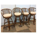 (4) Rattan, Upholstered Seat Barstools