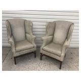 Pair of Striped Upholstered Wing Back Chairs