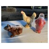 3 items- Rooster, Frog Bank, Santa Candy