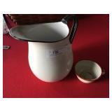 White Enamel Pitcher and Cup